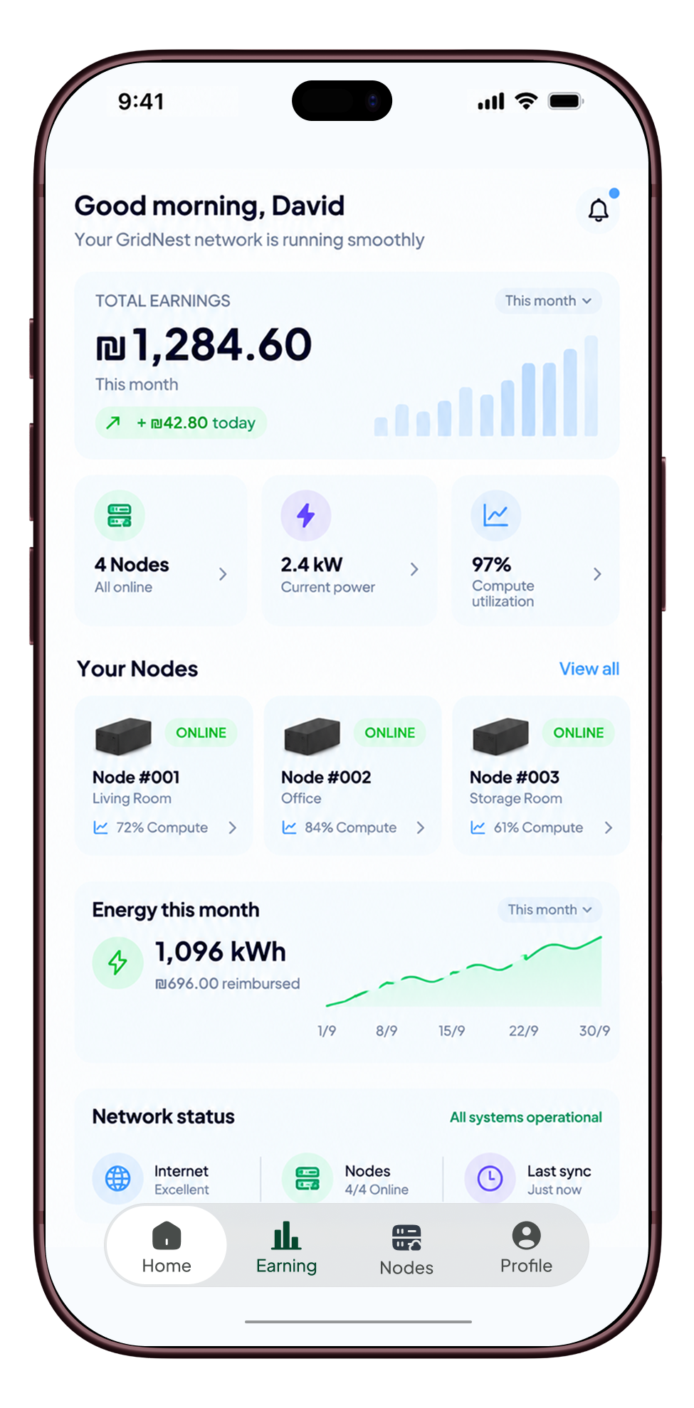 GridNest app home dashboard