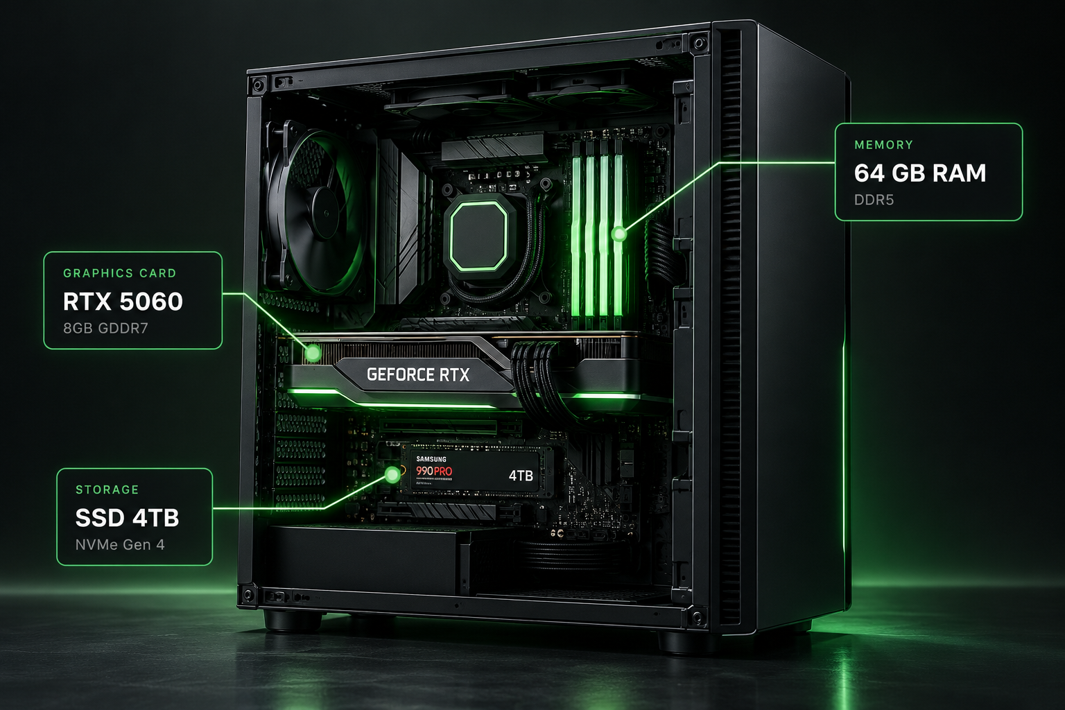 Open GridNest computing Node showing RTX 5060 GPU, 64 GB RAM and 4 TB SSD